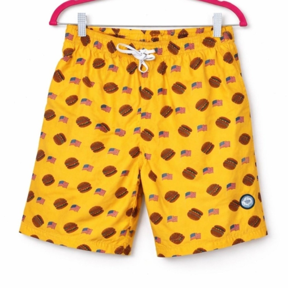 Brklyn Brooklyn Cloth Patriotic Swim Trunks Hamburger Print Americana Pool Beach
